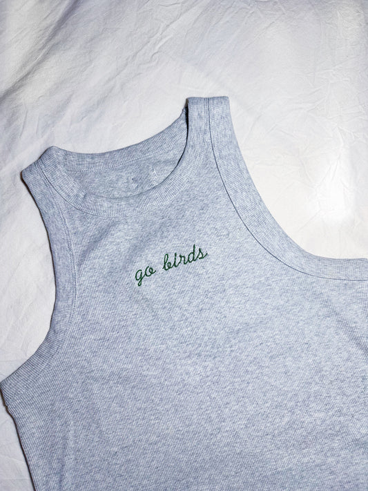 "go birds" High Neckline Ribbed Tank